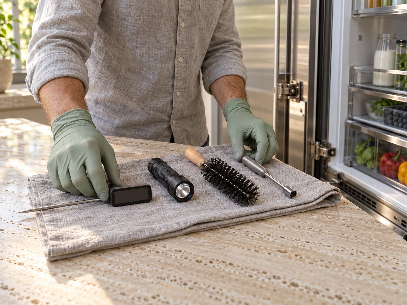 A technician in sage-green gloves laying out a probe thermometer, flashlight, condenser brush and nut driver on a folded gray cloth on a travertine counter beside an open Sub-Zero