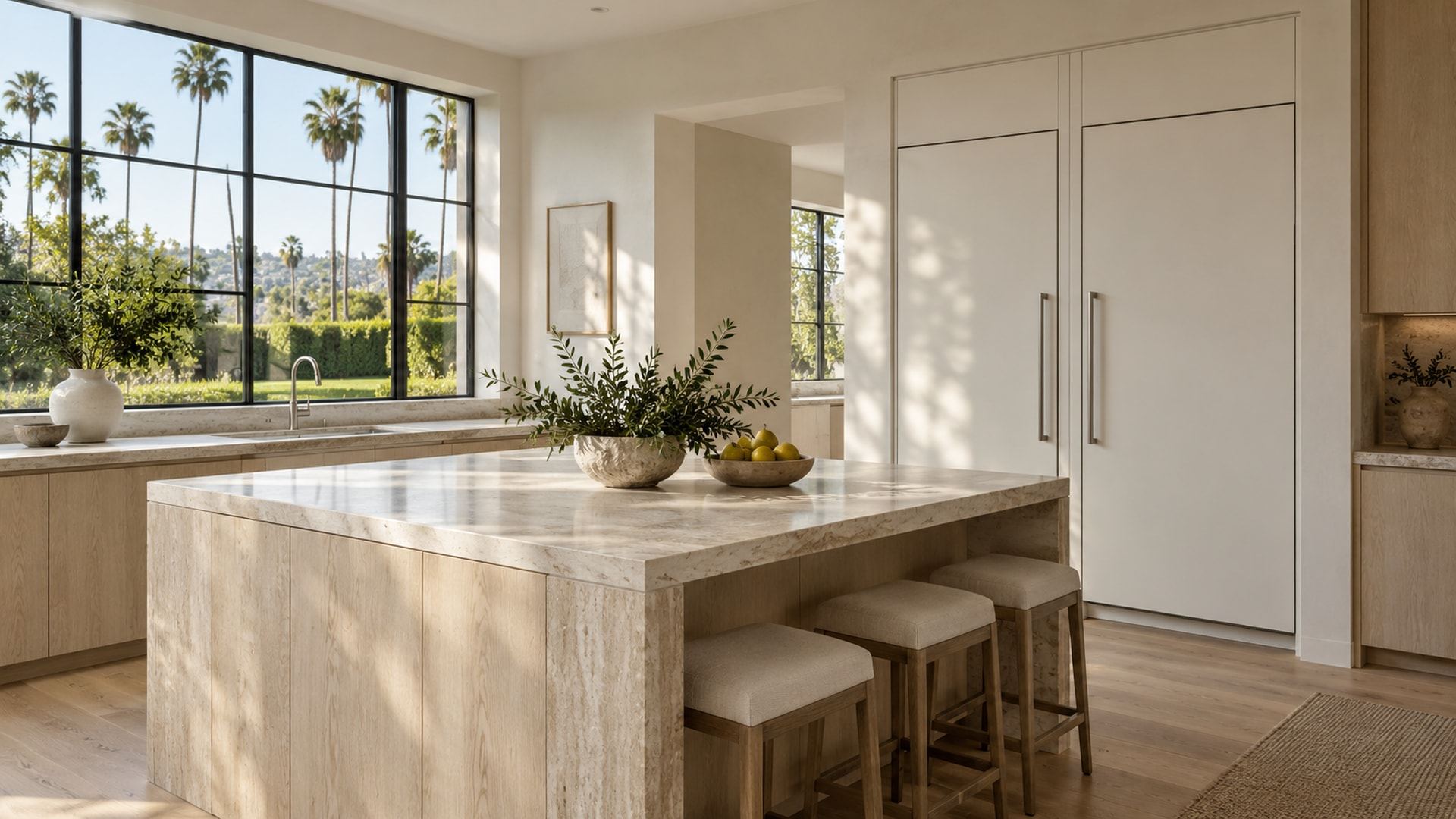 A Beverly Hills flats kitchen with a pair of white-panelled Sub-Zero columns with slim stainless handles, a white oak island with a travertine top and tall street palms through the window