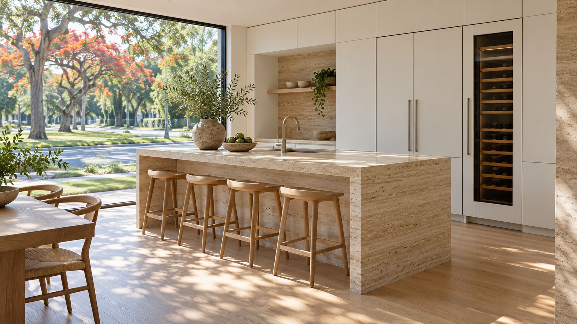 A Brentwood Park kitchen with a white-panelled Sub-Zero column and a glass-door wine column beside a travertine island, coral trees in red bloom along the boulevard median outside