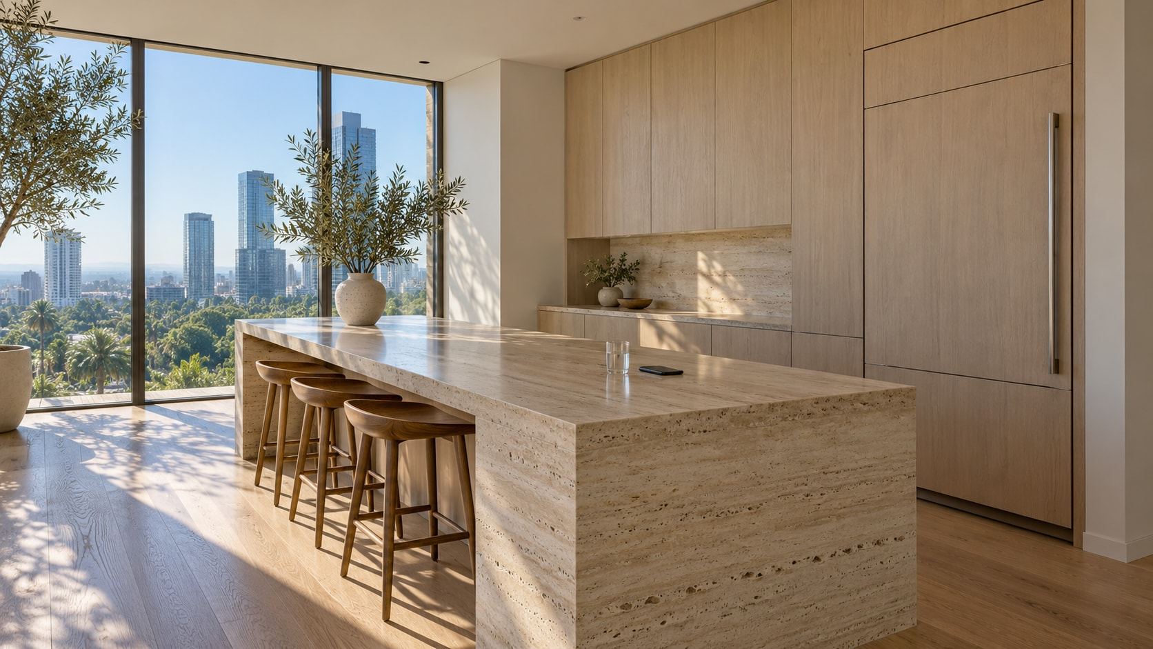 A Century City high-rise kitchen with a Sub-Zero in pale wood millwork and floor-to-ceiling glass facing neighbouring towers
