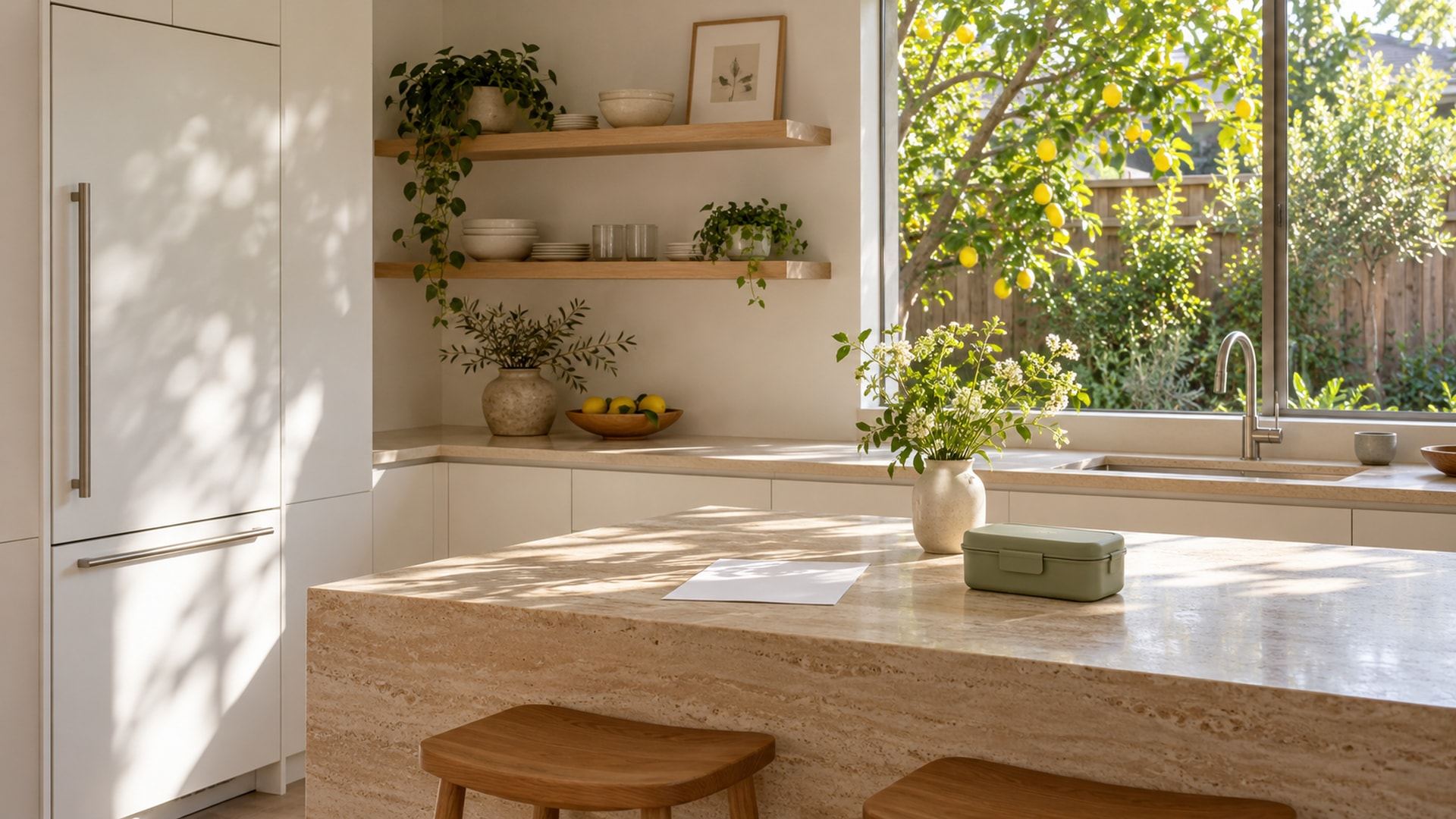 A remodelled Culver City bungalow kitchen with a white-panelled Sub-Zero, pale oak open shelves, a travertine-topped island and a window onto a lemon tree and a wooden fence