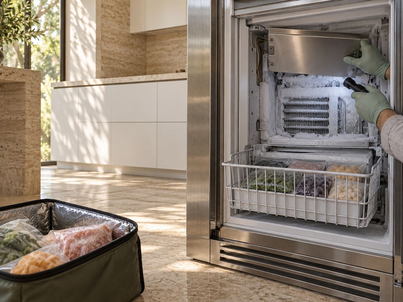 An open Sub-Zero freezer with frost on the evaporator, a sage-green gloved hand lifting the stainless cover and holding a flashlight, the wire basket pulled out and frozen food packed into a cooler bag on the floor