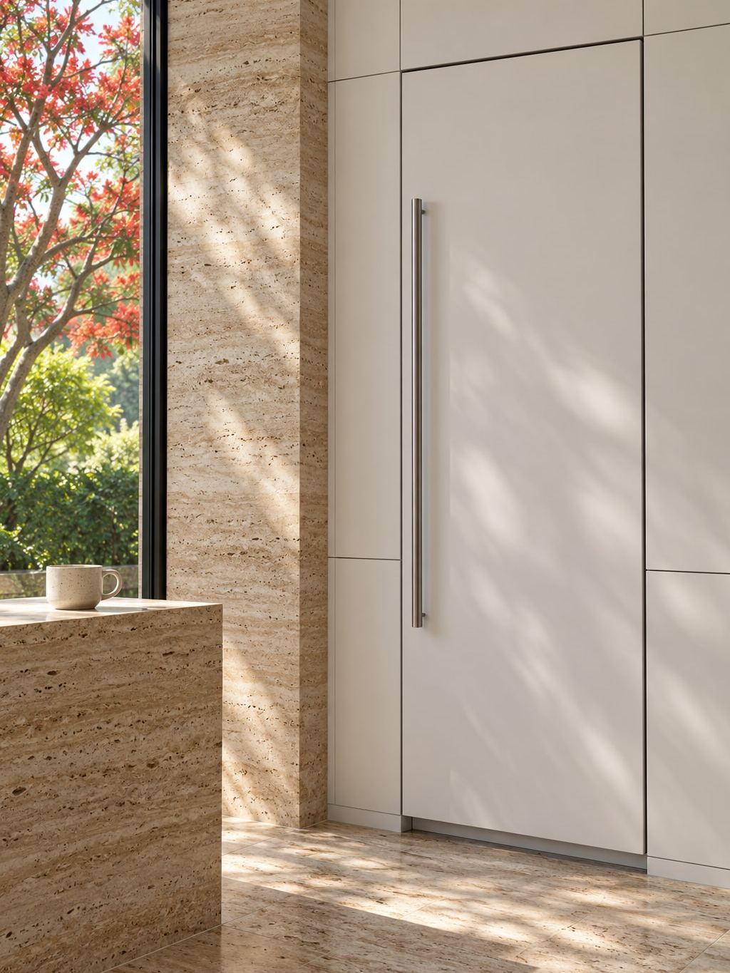 A full-height Sub-Zero column behind a white flat panel with a slim stainless bar handle beside a travertine wall, coral-tree blossoms in the tall window and dappled late-morning light on the travertine floor