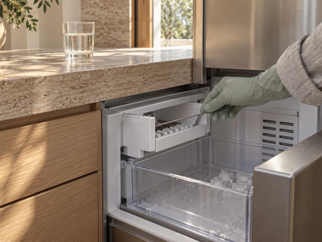 A pulled-out Sub-Zero freezer drawer under a travertine counter, a sage-green gloved hand lifting the ice maker's shut-off arm above a clear bin with only a few cubes