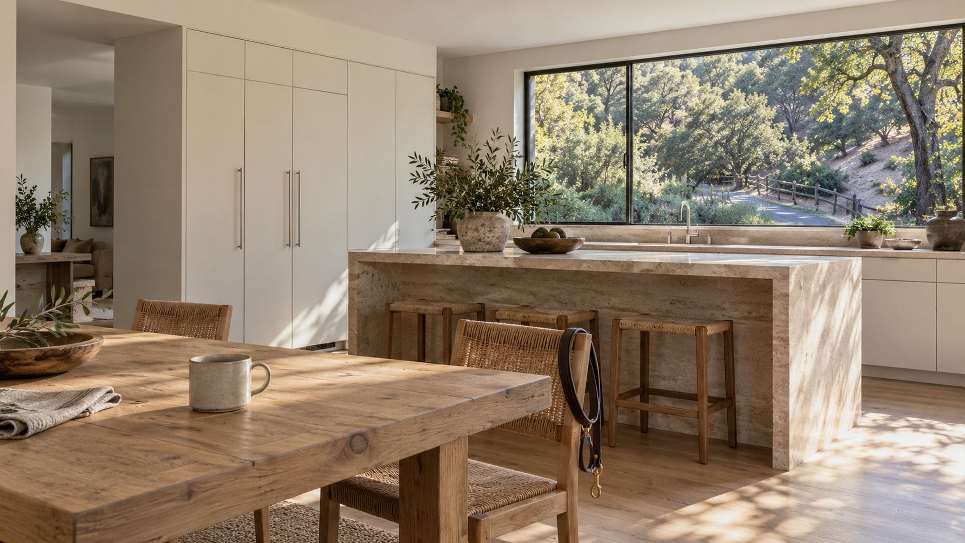 A Mandeville Canyon kitchen with white-panelled Sub-Zero columns, a travertine island and an oak breakfast table with a coffee cup and a dog leash, a wide window onto oak-covered slopes and a split-rail fence