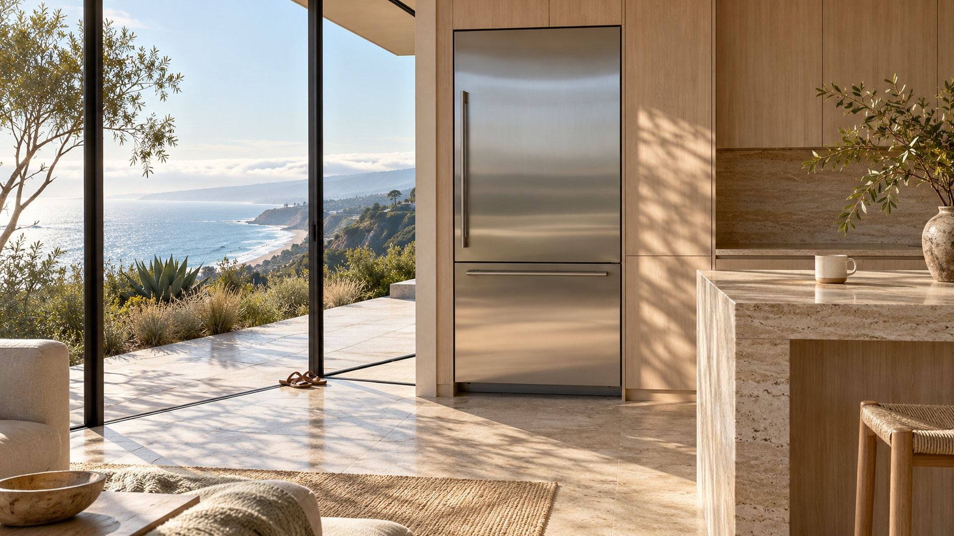 A bluff-top Pacific Palisades kitchen with a stainless Sub-Zero set into pale oak cabinetry, glass walls opening onto coastal plants and the ocean and coastline below