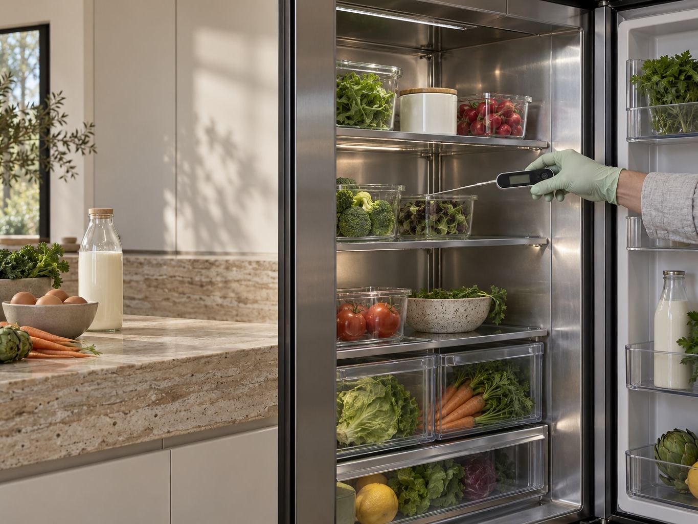 An open built-in Sub-Zero refrigerator with a technician's sage-green gloved hand holding a probe thermometer at the middle glass shelf, eggs, milk and vegetables moved onto a travertine counter