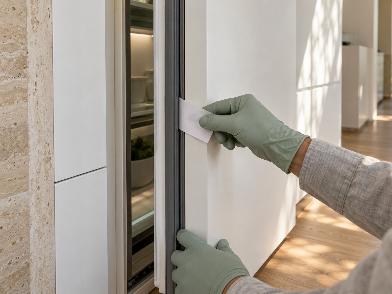 A panel-ready integrated Sub-Zero column with its white door open a few inches, a sage-green gloved hand sliding a strip of paper against the gray door gasket to test the seal
