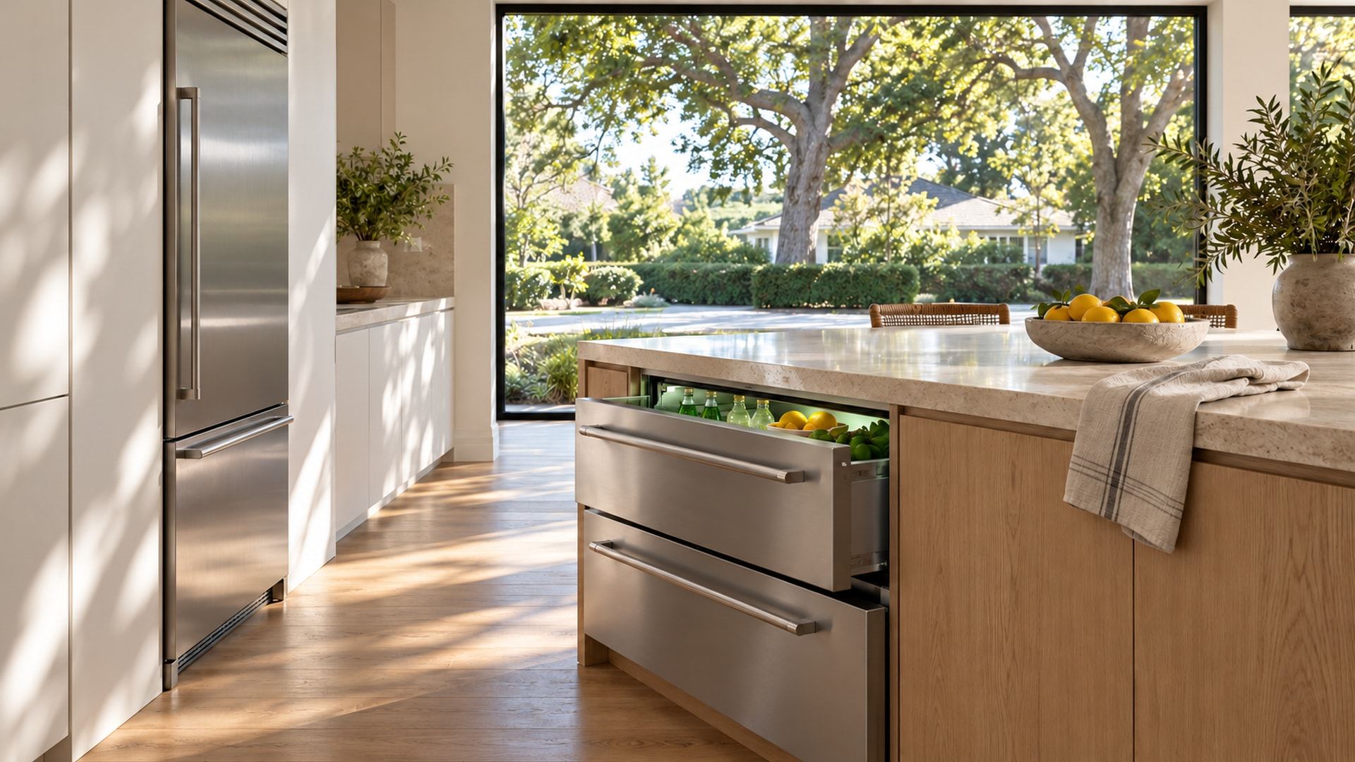 A Santa Monica family kitchen with a stainless Sub-Zero column and a pair of stainless refrigerator drawers in a white oak island, a bowl of lemons on the travertine top and a quiet tree-lined street outside