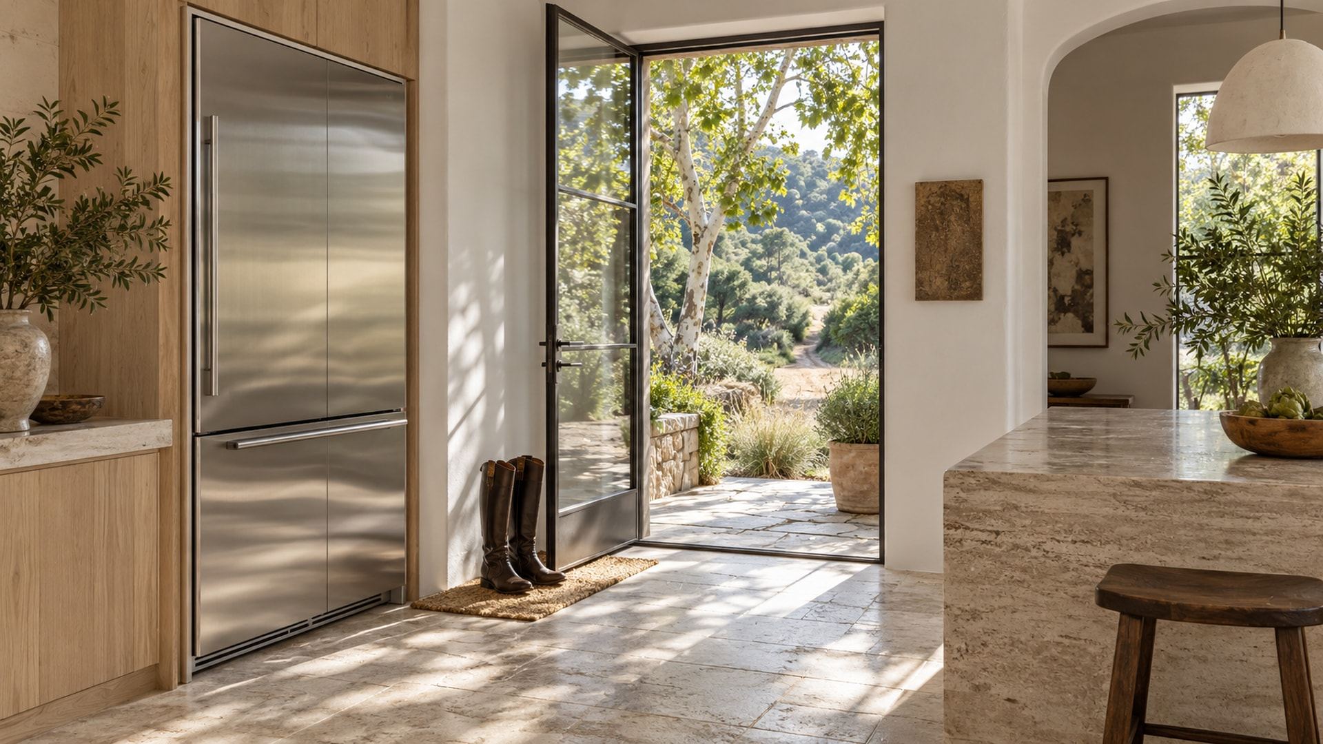 A Sullivan Canyon kitchen with a stainless Sub-Zero beside an open glass garden door, riding boots on the mat and sycamores along a dirt path outside