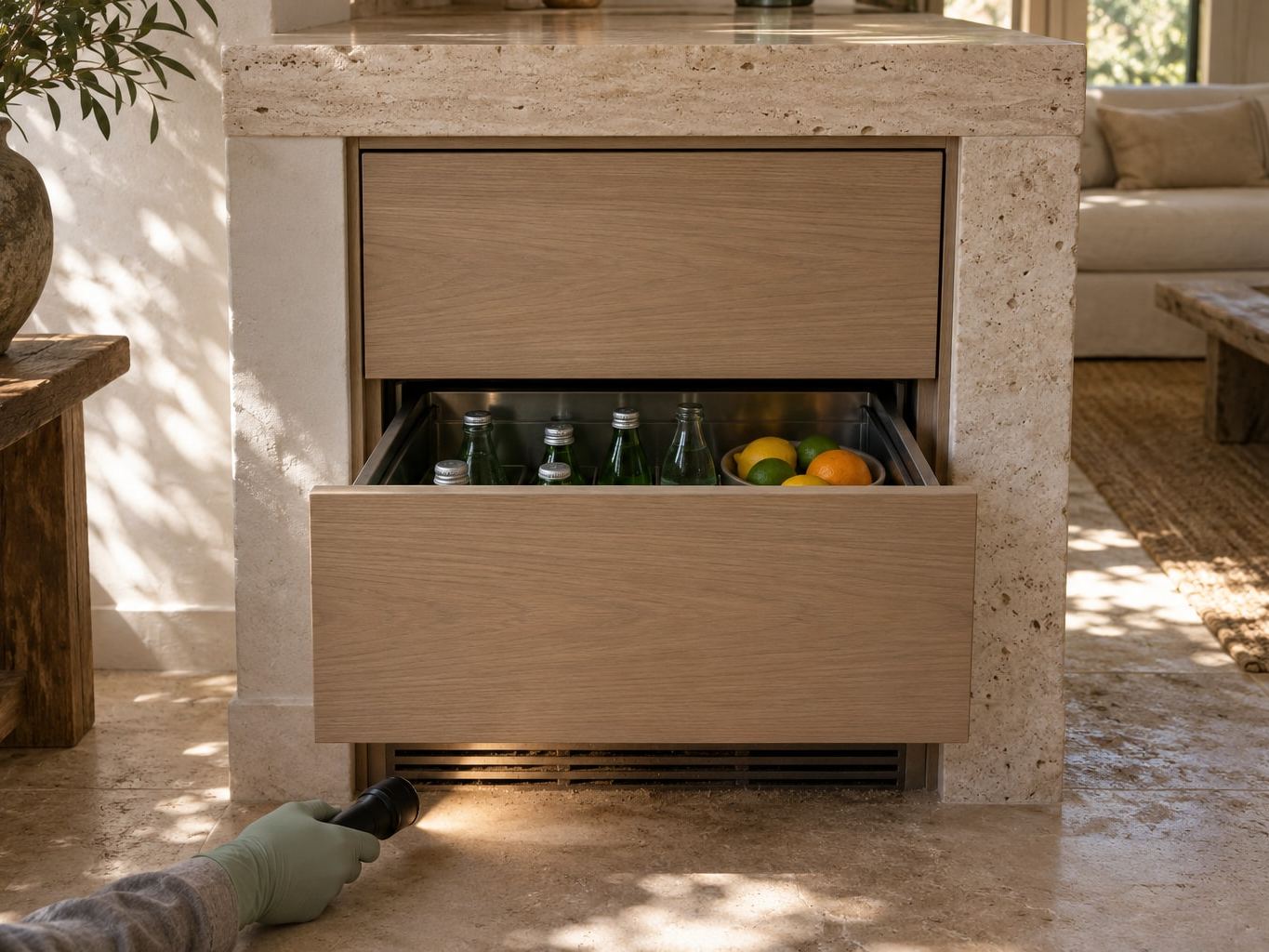 Sub-Zero undercounter refrigerator drawers with white oak fronts in a travertine-clad bar, the lower drawer pulled out with bottled sparkling water and a bowl of citrus, a sage-green gloved hand shining a flashlight at the dusty toe-kick grille