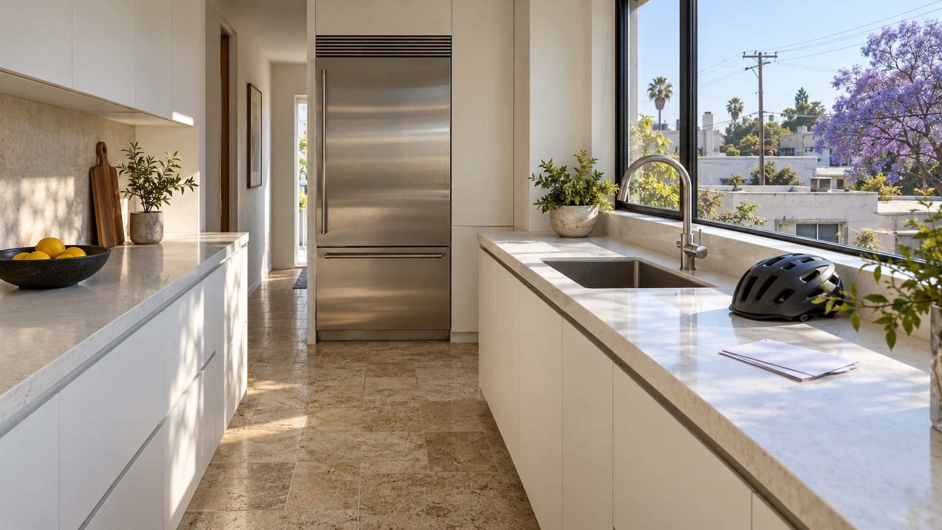 A narrow West Los Angeles townhouse galley with a stainless Sub-Zero at the far end, a travertine-tiled floor and a window over neighbouring rooftops to a jacaranda in bloom