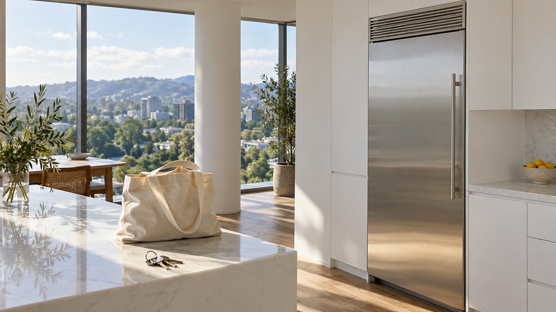 A high-floor Westwood condo kitchen with a stainless Sub-Zero flush in white cabinetry, a canvas grocery tote and keys on the island and floor-to-ceiling windows over tree canopy and low hills