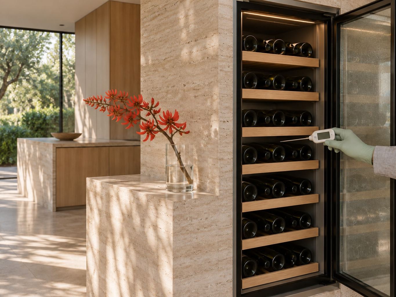 A glass-door Sub-Zero wine column set into a travertine wall, bottles resting on pale oak racks, a sage-green gloved hand holding a thermometer by the middle racks and a coral-tree branch in a glass vase